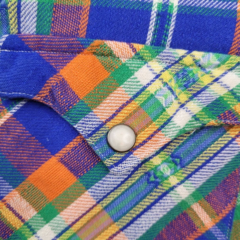 Polo Ralph Lauren Western Shirt Mens XL Blue Orange Plaid Pearl Snap Cotton